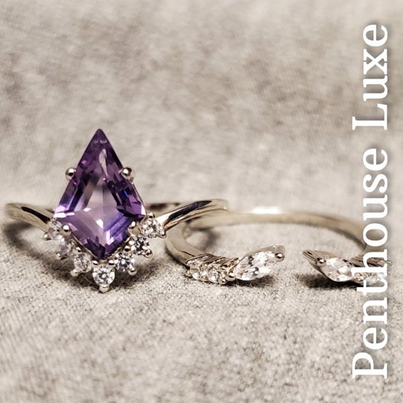 SOLID 925 Sterling Silver Purple Amethyst Kite Cut Ring Set - Picture 4 of 6